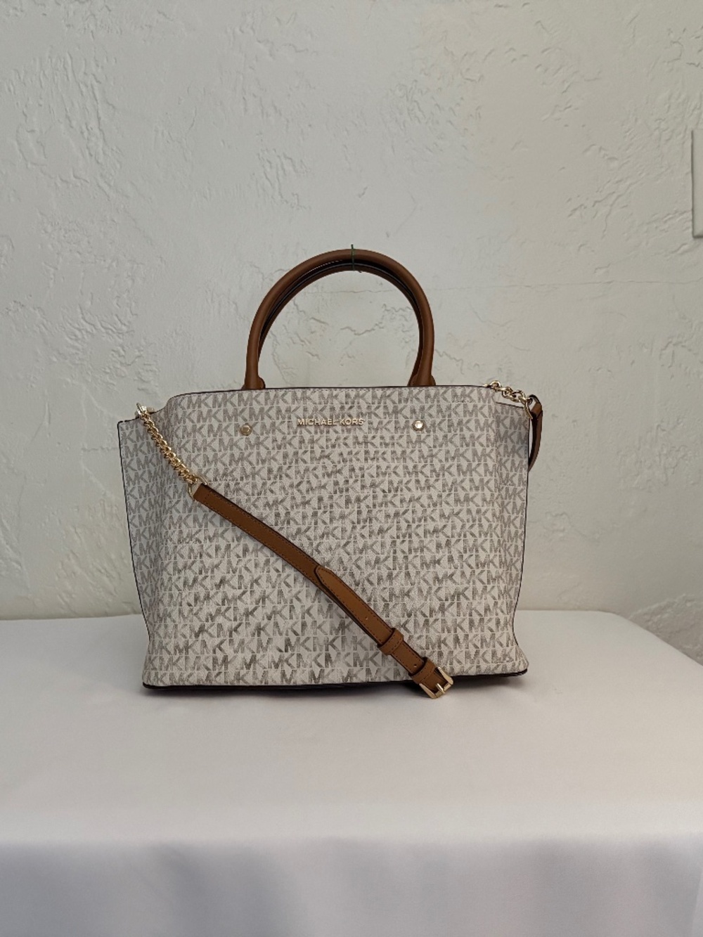 Michael Kors Kellen Medium Signature MK Satchel Vanilla Tan Crossbody